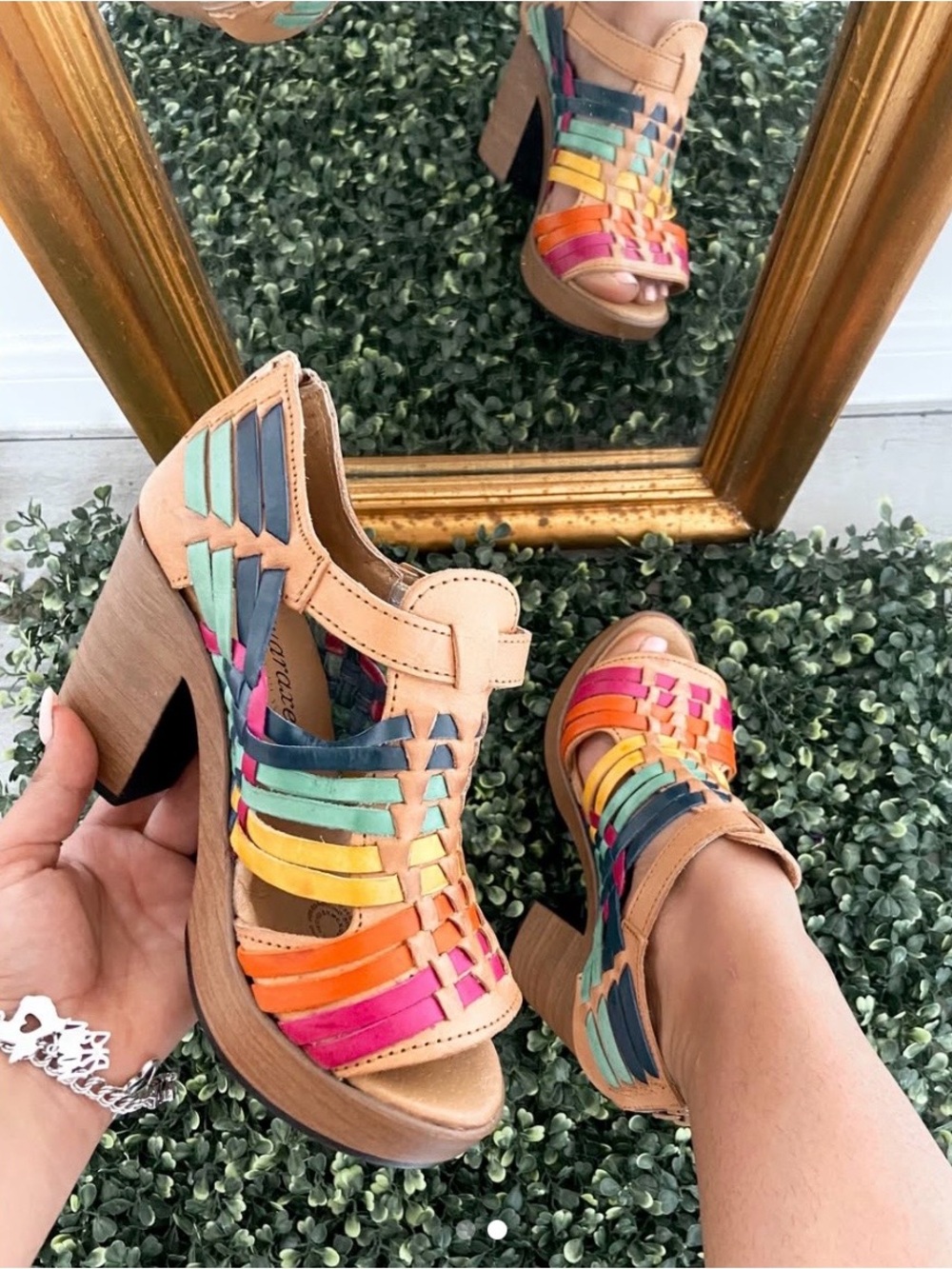 Tan Multicolor Strappy Block Heel Sandals